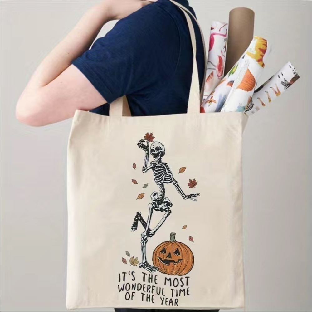FALL TIME LIBRARY BOOK TOTE / REUSABLE BAG GROCERY BAG pumpkin skeleton canvas﻿﻿